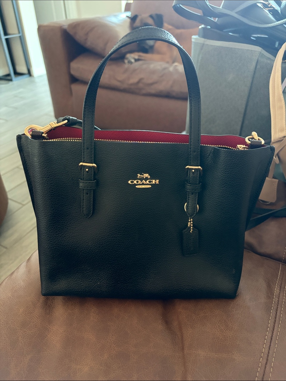 Coach Black Leather Tote with Red Interior and Gold Hardware